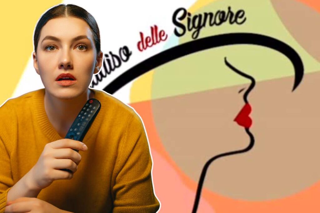 logo Il Paradiso delle Signore e ragazza con telecomando in mano