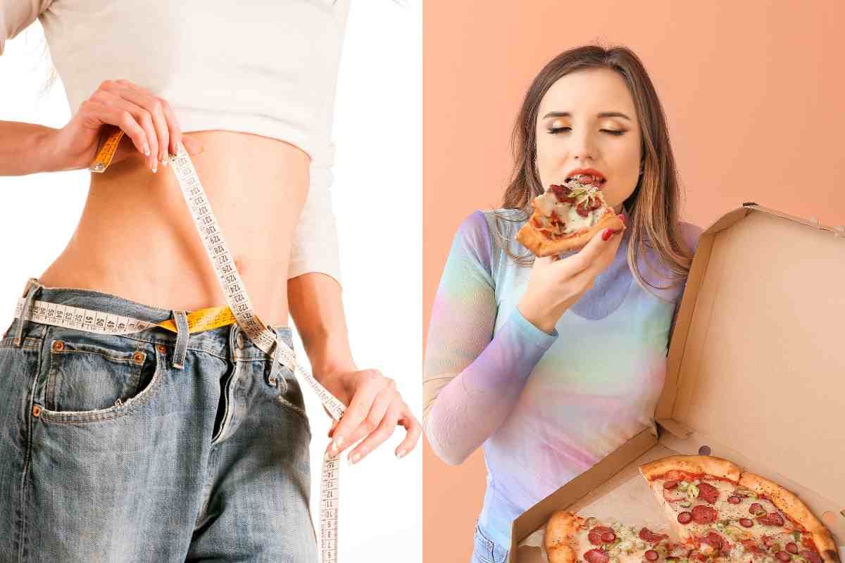 donna che misura girovita e un'altra che mangia pizza 